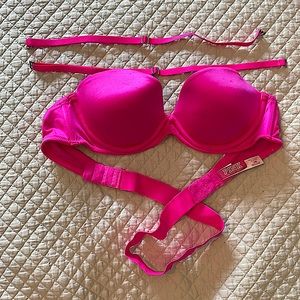 VS Pink multiway plunge hot pink 34b removable straps underwire push up